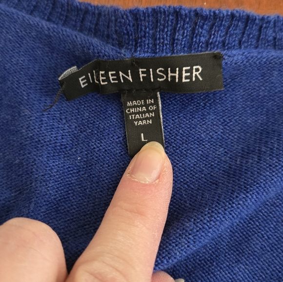 Eileen Fisher Size Large Blue with Black Stripe Wool Sweater - Picture 6 of 7